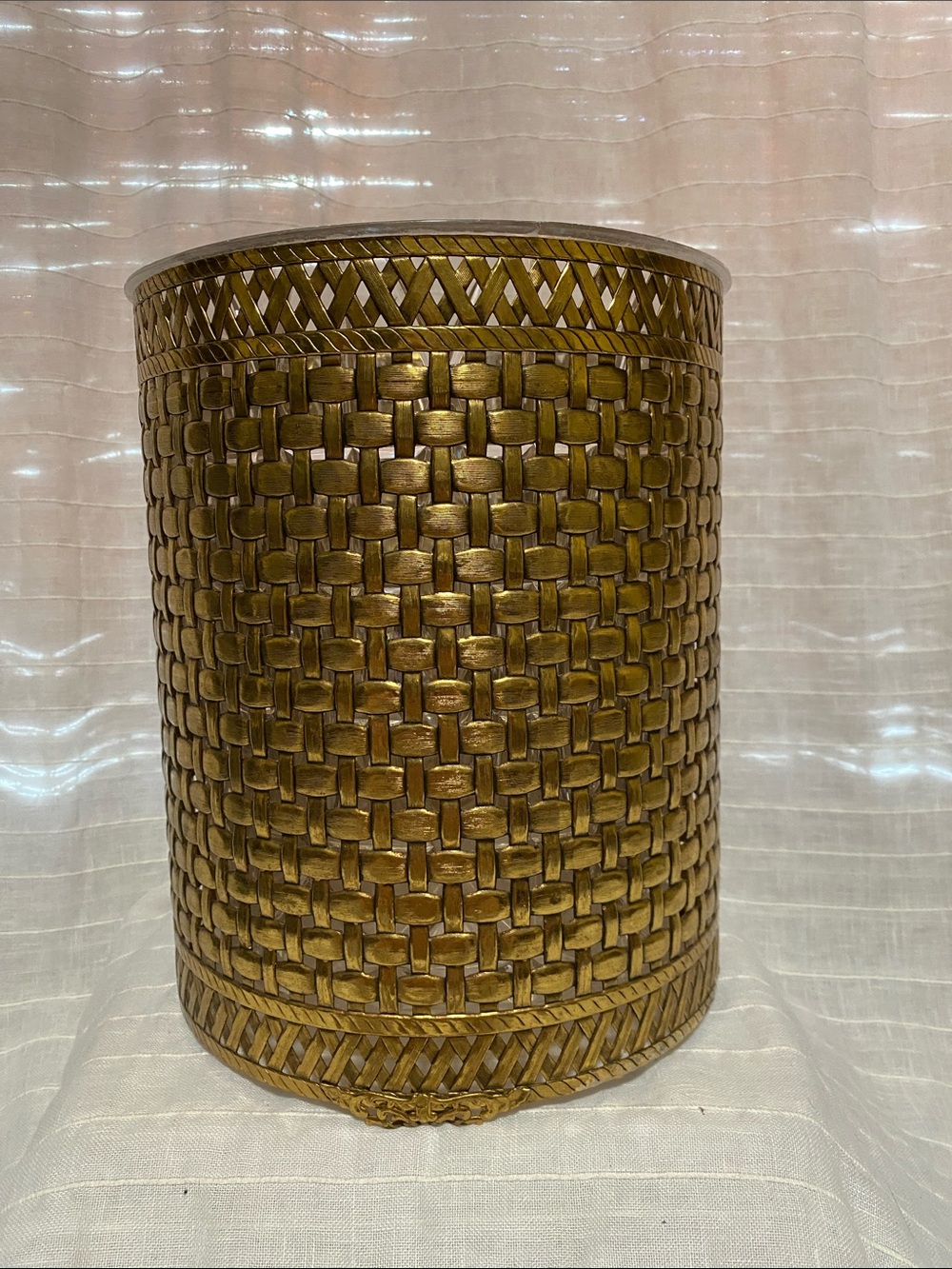 Hollywood regency Woven Gold metal Waste Basket - Home Accents